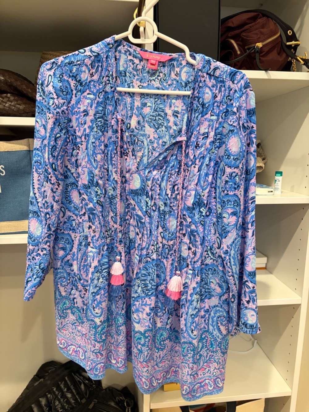 Lilly Pulitzer Pink & Blue Paisley Blouse with Gold Logo